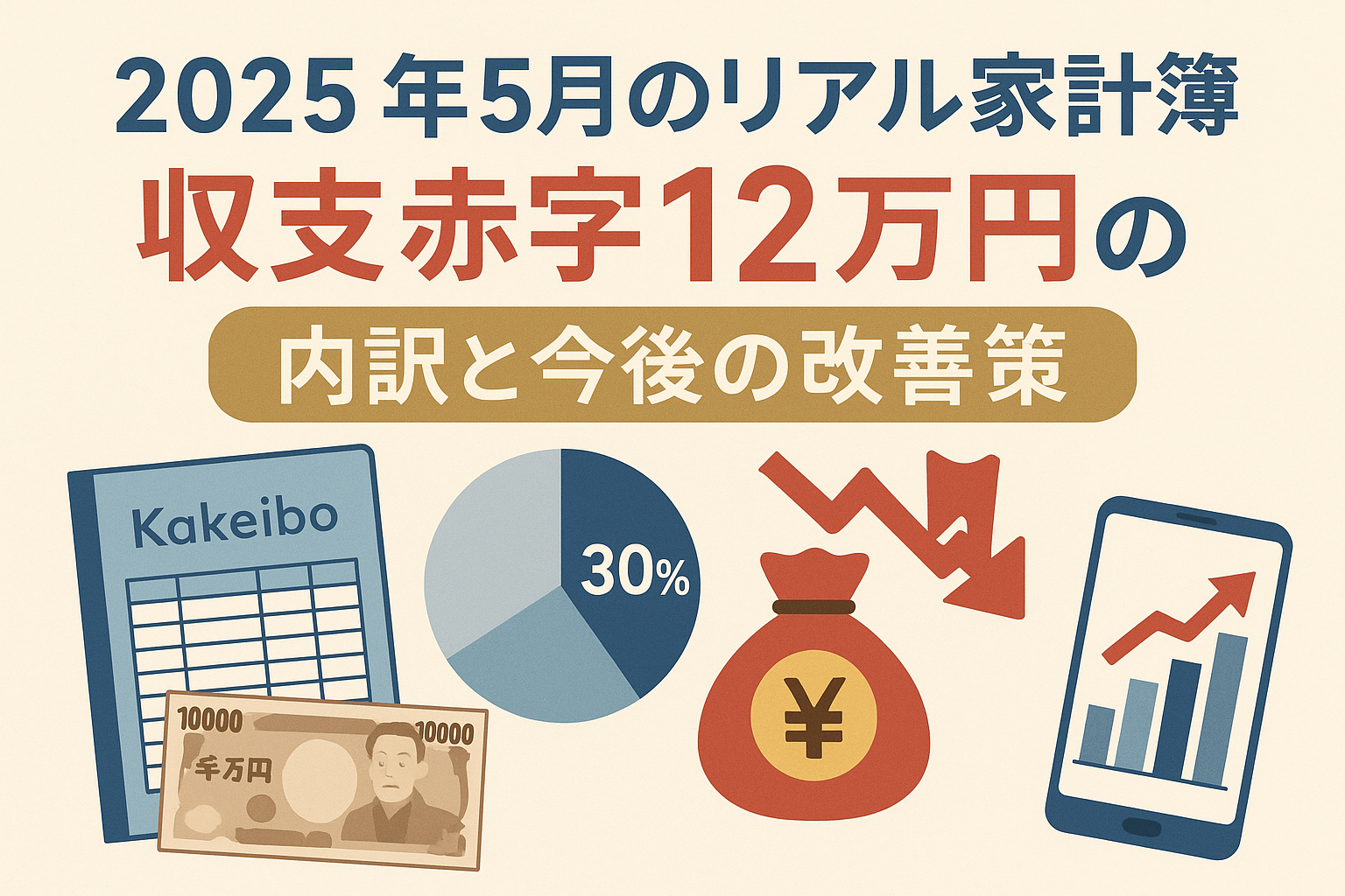 「2025年5月のリアル家計簿　収支赤字12万円の内訳と今後の改善策」と記載された日本語のバナー画像。Kakeibo帳、1万円札、円グラフ（30%）、下降矢印、お金袋、上昇するスマホグラフのイラスト入り。