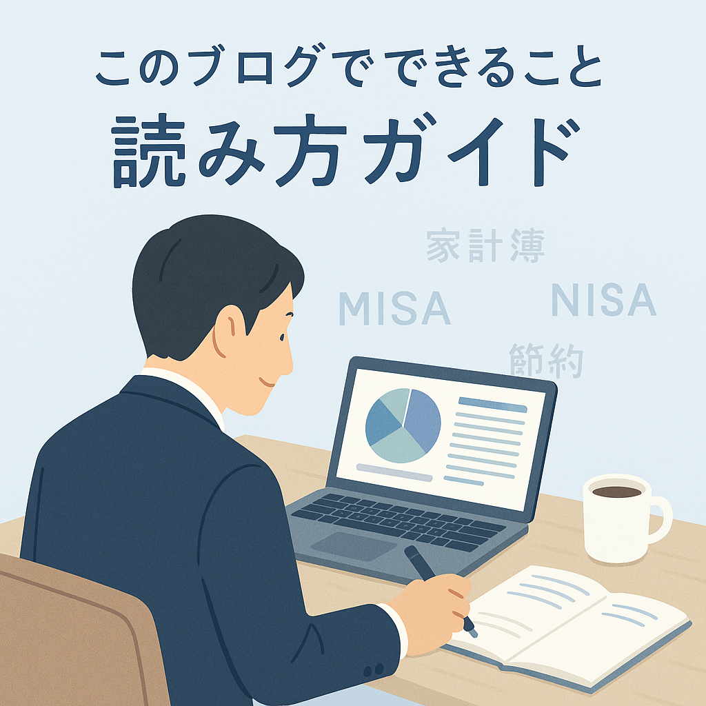 「このブログでできること　読み方ガイド」と書かれた日本語バナー画像。スーツ姿の40代男性がパソコンでグラフを見ながらノートにメモを取っており、背景に「家計簿」「NISA」「節約」「副業」といった単語が淡く浮かぶ。落ち着いたブルー系の配色。