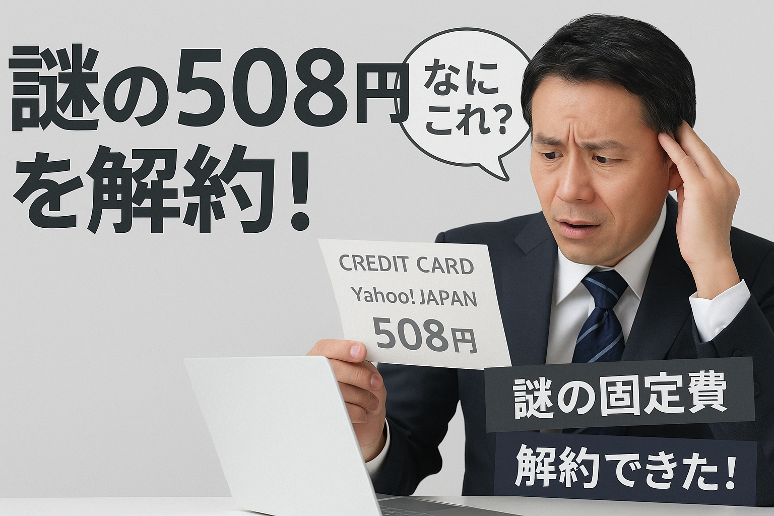 「謎の508円を解約！」と書かれたバナー画像。スーツ姿の40代男性がクレジットカード明細を見て困惑しており、「CREDIT CARD Yahoo! JAPAN 508円」の紙を手にしている。吹き出しには「なにこれ？」と表示され、右下には「謎の固定費」「解約できた！」の文字がある。