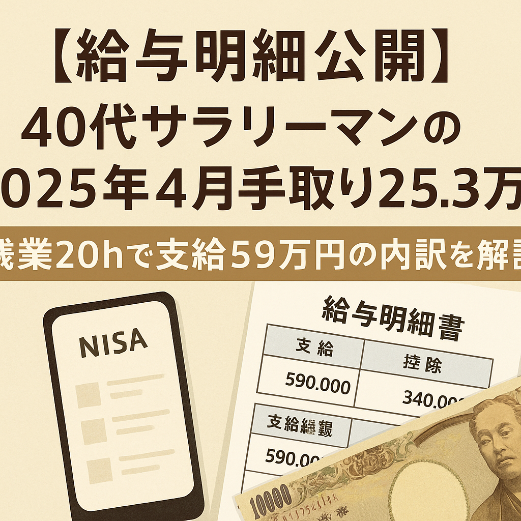 【給与明細公開】40代サラリーマンの2025年4月手取り25.3万 残業20hで支給59万円の内訳を解説と書かれたバナー画像。給与明細表、NISA帳、1万円札が描かれている。