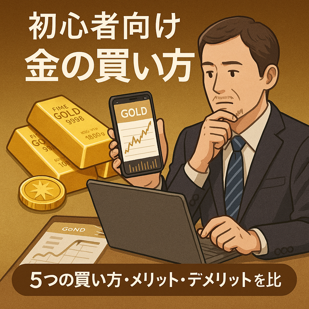 初心者向け金の買い方ガイドのバナー画像。スーツ姿の40代男性がスマホで金価格の上昇チャートを確認しながら考え込む様子。背景には金の延べ棒と金貨が描かれており、「5つの買い方・メリット・デメリットを比」と補助コピーあり。