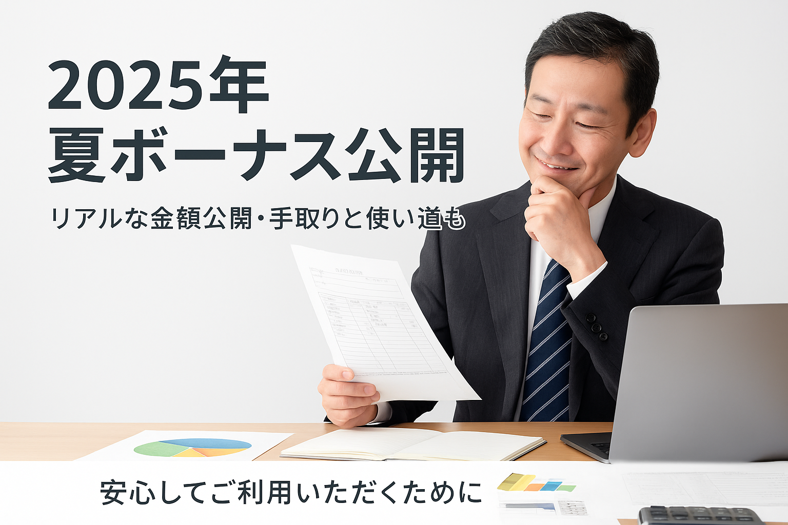 「2025年夏ボーナス公開」と書かれた日本語バナー画像。スーツ姿の40代男性がボーナス明細書を手にしながら、微笑んで内容を確認している。机の上には円グラフ、棒グラフ、ノートPC、電卓、ノートなどが並び、清潔感のある白背景。