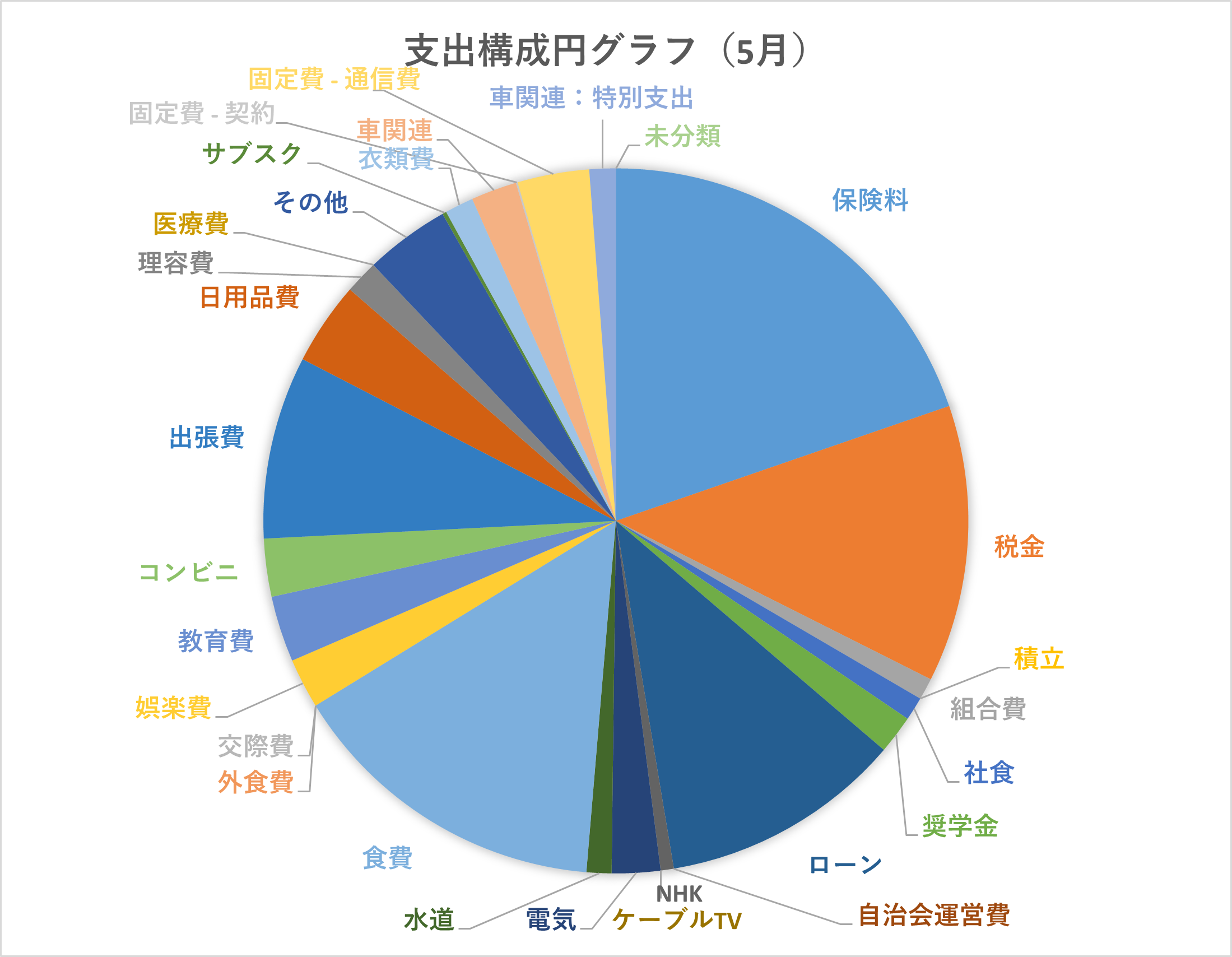 2025年5月の支出内訳を固定費・変動費・特別支出の3区分で示した円グラフ