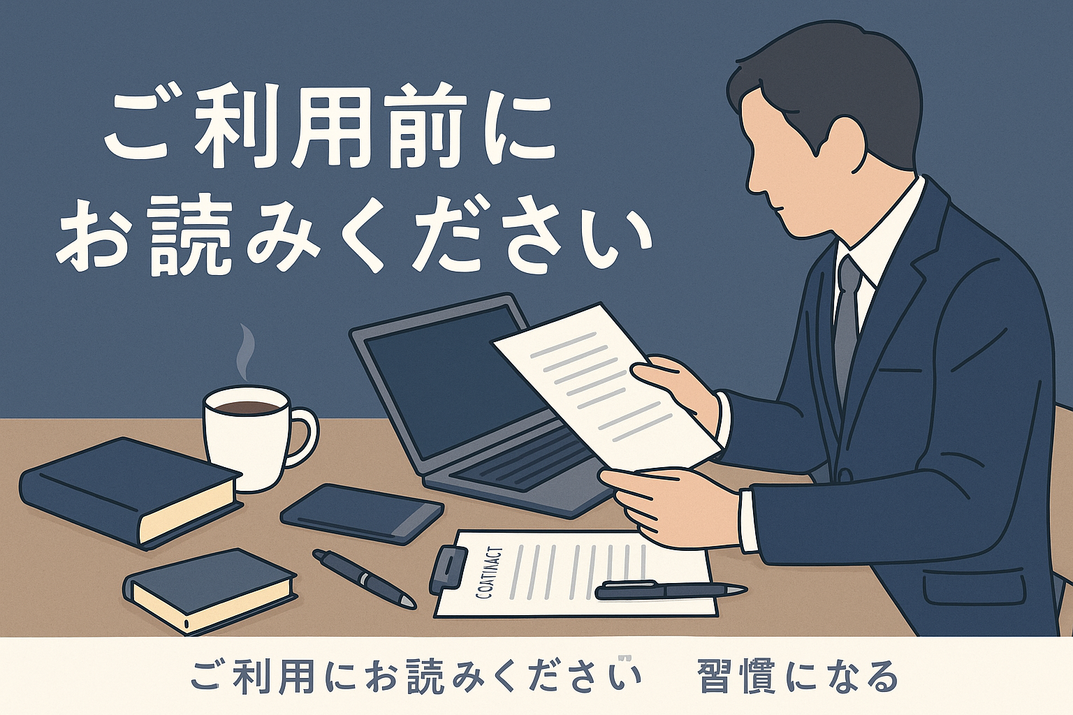 「ご利用前にお読みください」と書かれた日本語バナー画像。スーツ姿の40代男性が契約書を確認しており、机の上には本、ペン、ノートパソコン、コーヒーカップが置かれている。背景はネイビーブルー系の落ち着いた配色。
