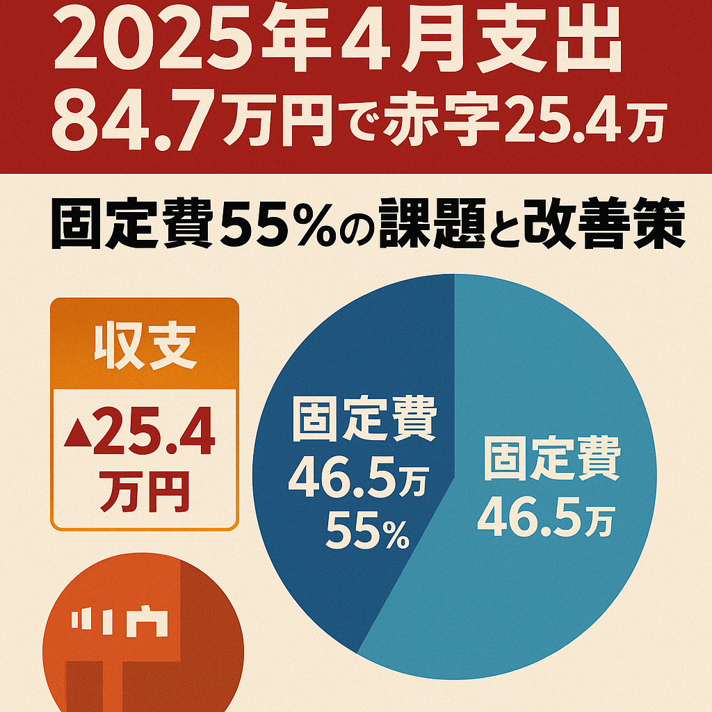 「家計簿公開　2025年4月支出84.7万 赤字25.4万円 固定費55％課題」と書かれた日本語バナー画像。固定費比率を示す円グラフ、赤字を表すお金の袋と下向き矢印、家計簿帳、スマートフォン、1万円札のイラスト付き。