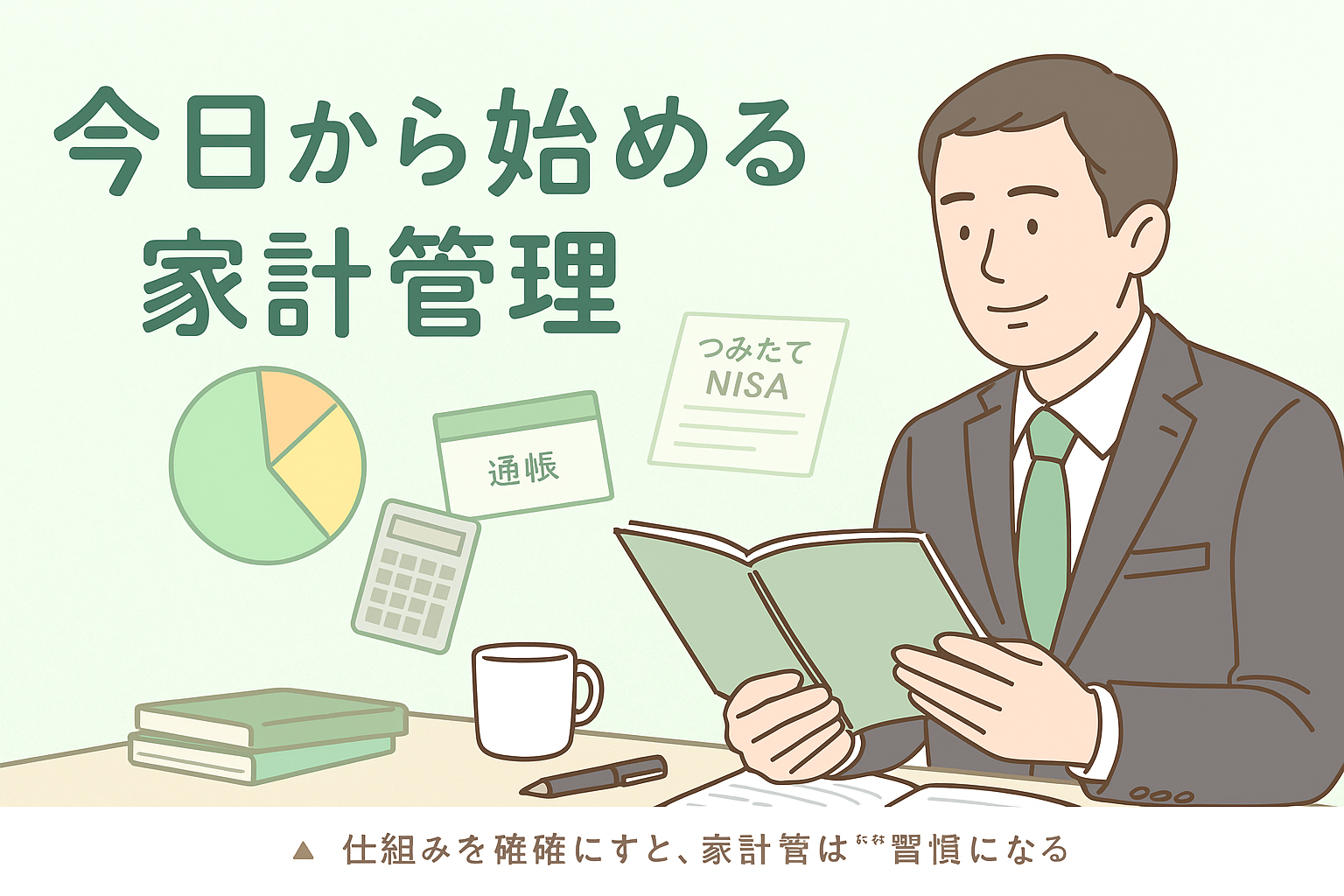 「今日から始める家計管理」と書かれた日本語バナー画像。スーツ姿の40代男性が家計簿を手に前向きな表情をしており、背景には円グラフ、電卓、通帳、つみたてNISAの書類、コーヒーカップ、本などが描かれている。