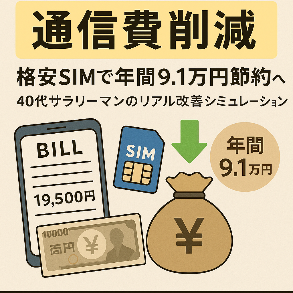 「通信費削減　格安SIMで年間9.1万円節約へ　40代サラリーマンのリアル改善シミュレーション」と書かれた日本語バナー画像。スマホの請求書（19,500円）、SIMカード、1万円札、節約を示すお金の袋と下向き矢印のイラスト付き。