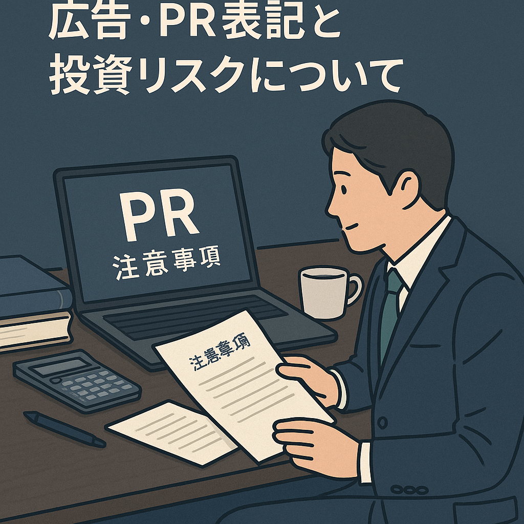 「広告・PR表記と投資リスクについて」と記載された日本語バナー画像。濃紺を基調にした背景で、スーツ姿の40代男性がノートパソコンと書類を確認している。机の上には「PR」や「注意事項」と表示された画面、書籍、電卓、コーヒーカップなどが置かれている。