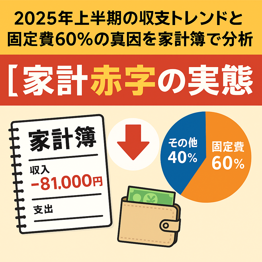「2025年上半期の収支トレンドと固定費60%の真因を家計簿で分析」と記載された日本語バナー画像。中央には「家計赤字の実態」と強調表示され、家計簿ノートに「収入 -81,000円」、下向き赤矢印、固定費60%・その他40%の円グラフ、財布のイラストが描かれている。
