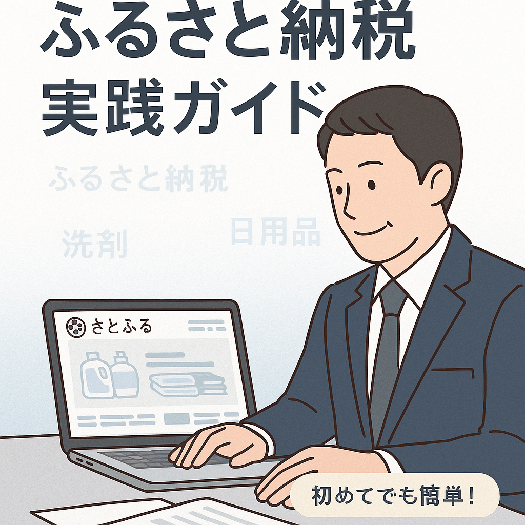 「ふるさと納税 実践ガイド」と書かれた日本語バナー画像。スーツ姿の40代男性がパソコンで「さとふる」サイトを見ながら操作しており、画面には洗剤や日用品の返礼品がぼんやりと表示されている。右下には「初めてでも簡単！」と補助コピーあり。