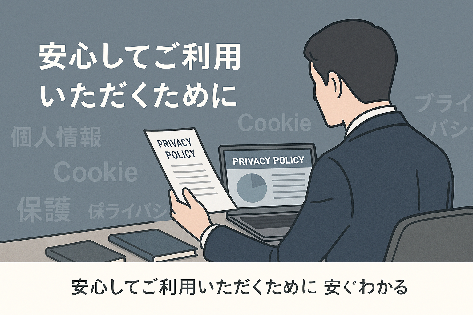 「安心してご利用いただくために」と書かれた日本語バナー画像。スーツ姿の男性が机でプライバシーポリシーを確認している後ろ姿。背景には「個人情報」「Cookie」「保護」「プライバシー」などの単語が淡く浮かび、信頼性と法的配慮をイメージさせる落ち着いた色調。