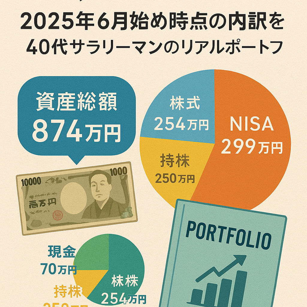 「2025年6月始め時点の内訳を 40代サラリーマンのリアルポートフォリオ」と書かれた日本語バナー画像。資産総額874万円と書かれた吹き出し、円グラフ、1万円札、ポートフォリオ帳が描かれている。