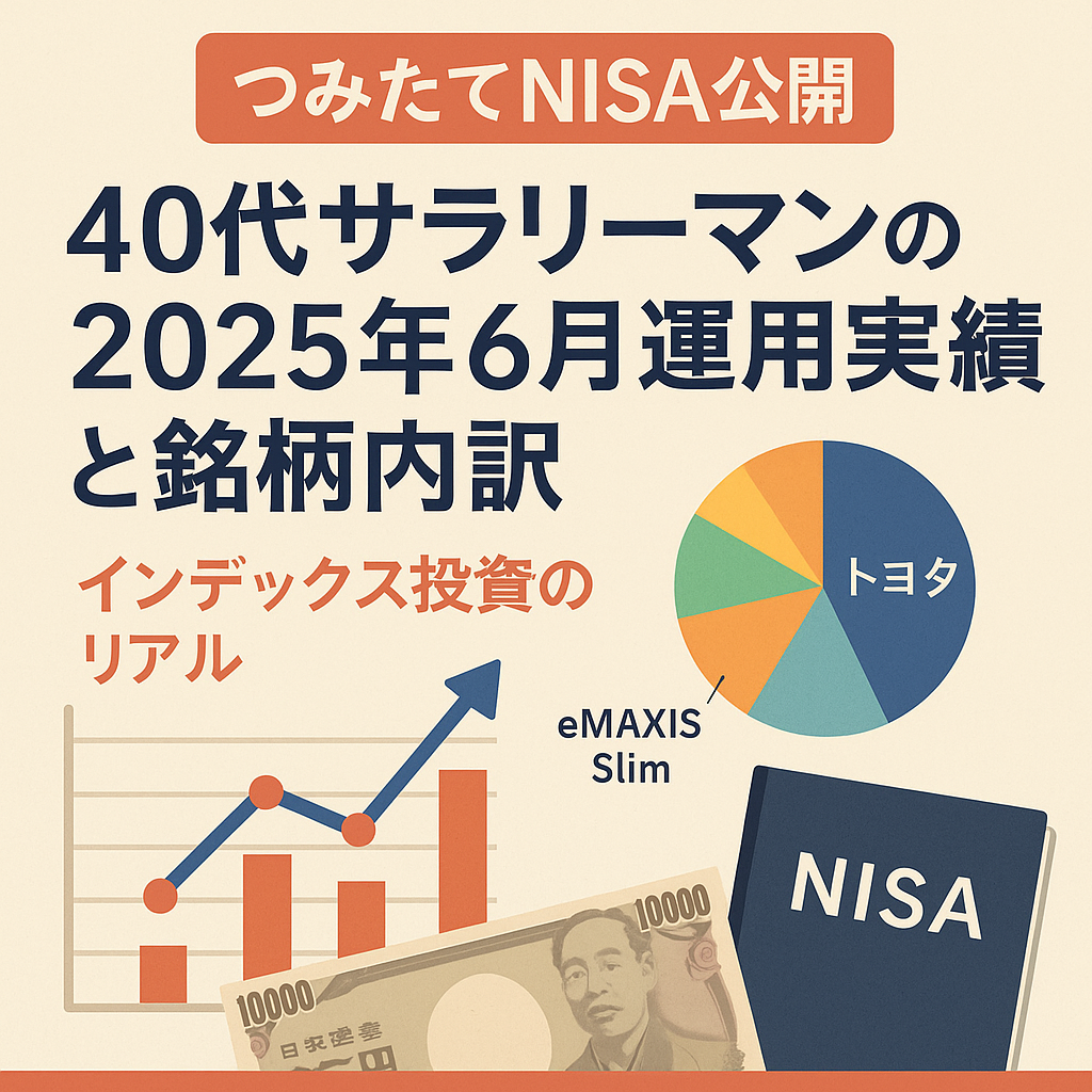 「つみたてNISA公開　40代サラリーマンの2025年6月運用実績と銘柄内訳」と書かれた日本語のバナー画像。インデックス投資のグラフ、トヨタとeMAXIS Slimを含む円グラフ、NISA帳、1万円札が描かれている。