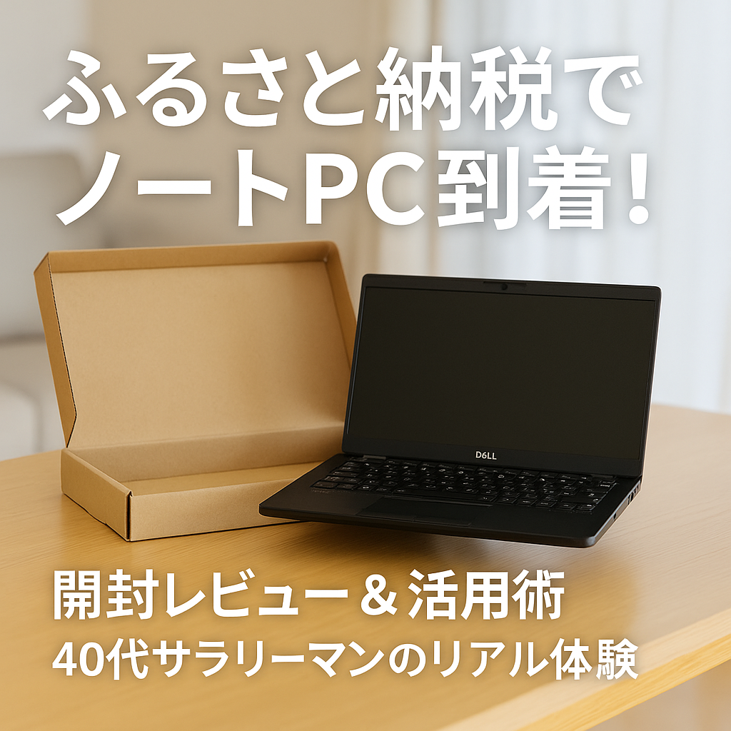 ふるさと納税で届いたDellノートPCが段ボールから取り出され、木目のテーブルに置かれている様子