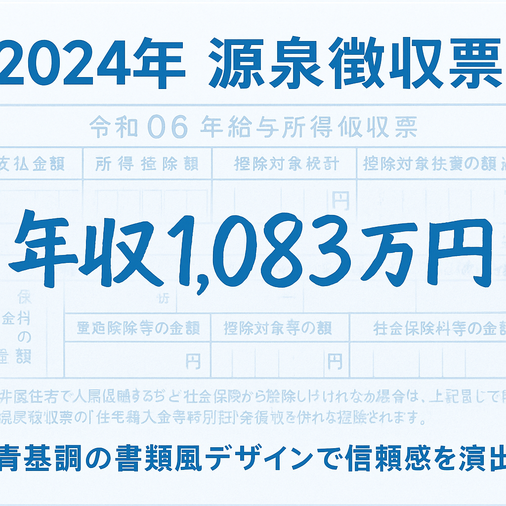 2024年の源泉徴収票をモチーフに、年収1,083万円と記載された青基調の書類風グラフィック