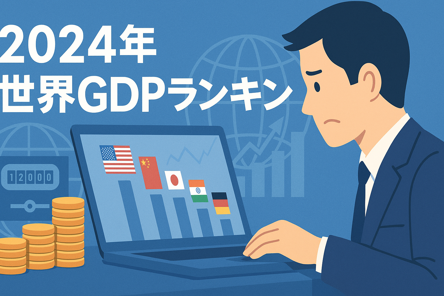 「2024年 世界GDPランキング」の見出しと、アメリカ・中国・日本・インド・ドイツの国旗が並ぶ棒グラフをPCで見つめる40代サラリーマンのイラスト。背景には地球儀と株価チャート。
