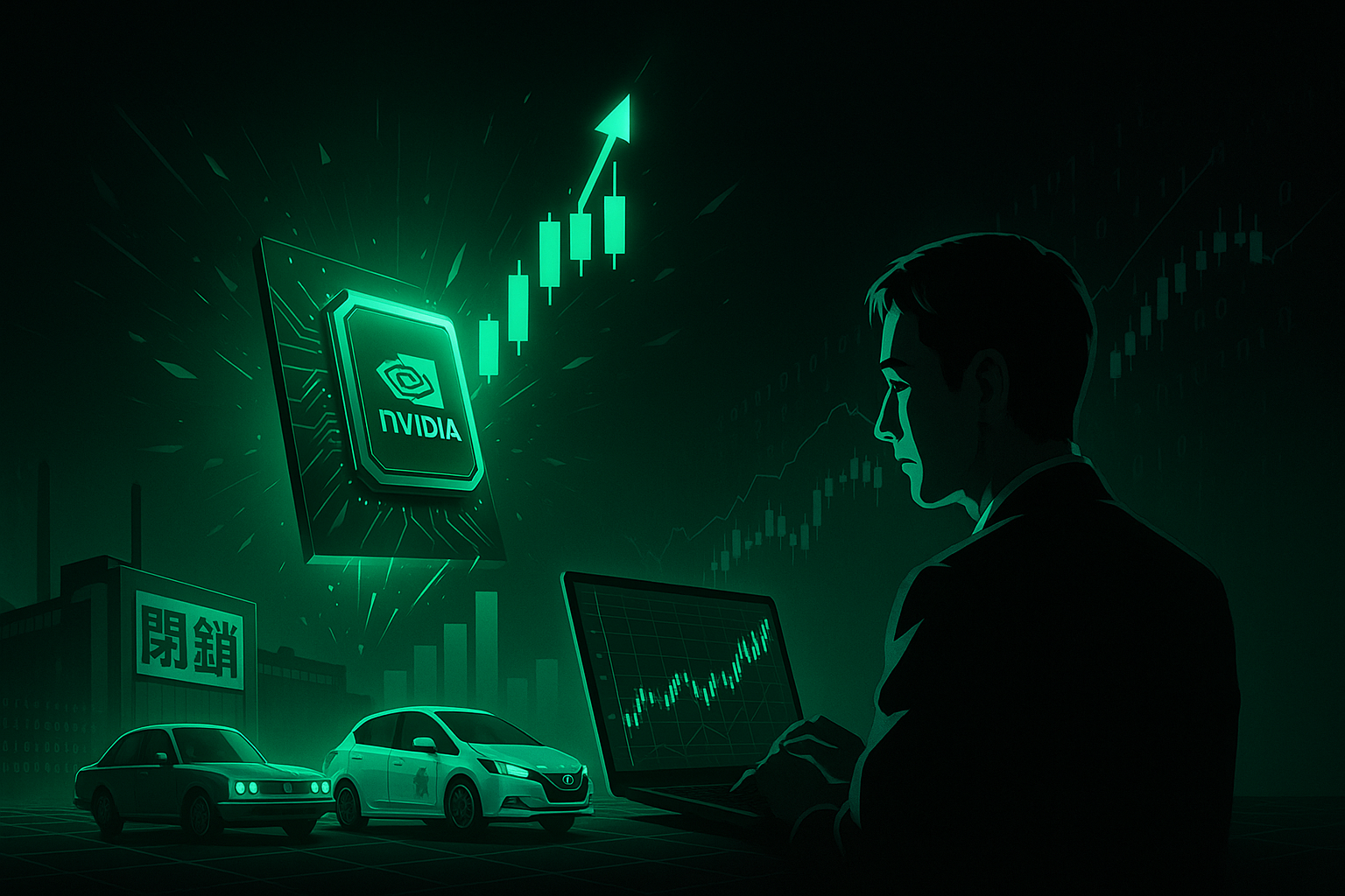 発光するエメラルドグリーンのNVIDIA製GPUチップがローソク足チャートに変形しながら画面を突き破る構図。背景に3Dグリッドとバイナリコード、前景にノートPCを操作する40代の日本人サラリーマンのシルエット。