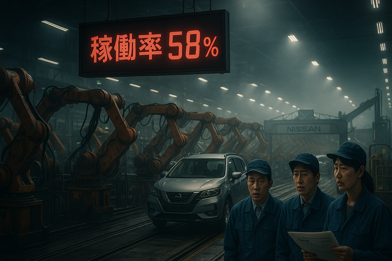 稼働率58％と表示された自動車工場の生産ライン。動いていないロボットアームと不安そうな表情の工場作業員たちが写るリアルな工場風景。