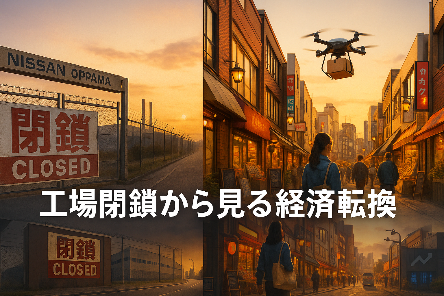 左側に「閉鎖」と書かれた日産追浜工場のゲート、右側に活気ある横須賀の商店街と配達用ドローンが飛ぶ様子を描いたスプリット構図のイラスト。