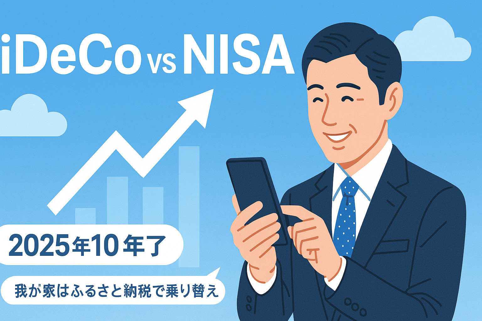 スーツ姿の40代サラリーマンがスマホで資産グラフを確認して微笑む様子と、「iDeCo vs NISA」のテキストと上向きグラフが描かれたイラスト