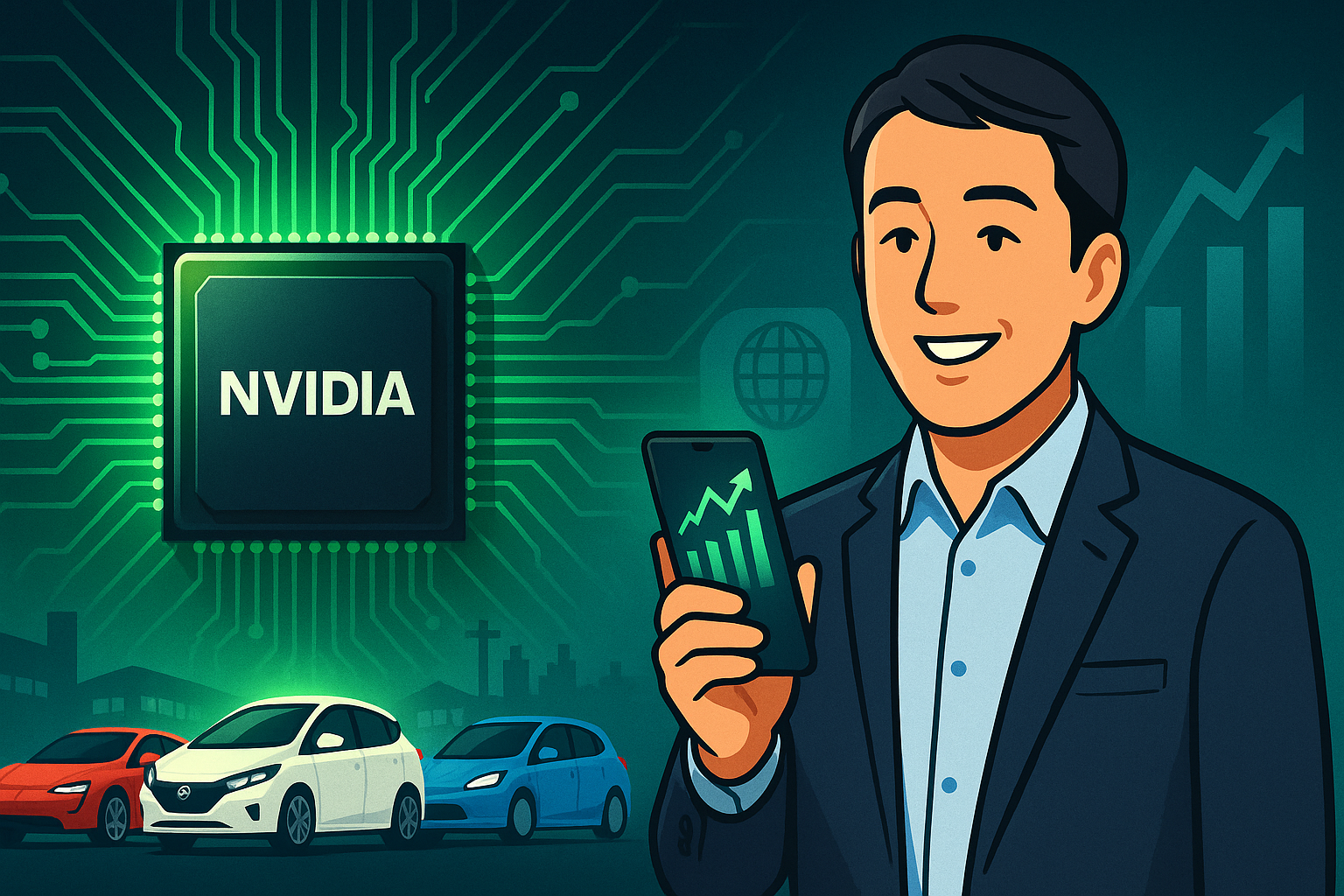 中央に緑色に発光するNVIDIAのGPUチップ、右側にスマホで株価上昇グラフを確認し笑顔を見せる40代の日本人サラリーマン。背景に半導体回路、EV車、上昇チャートが描かれたテクノロジー系イラスト。