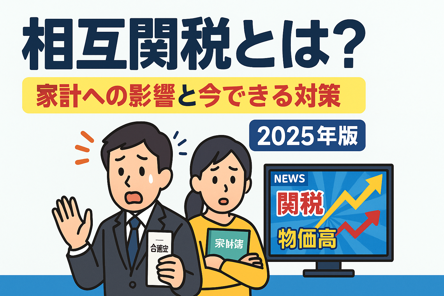 相互関税の影響に困惑する40代サラリーマン夫婦と、テレビに映る「関税」「物価高」のニュースと上昇グラフのイラスト