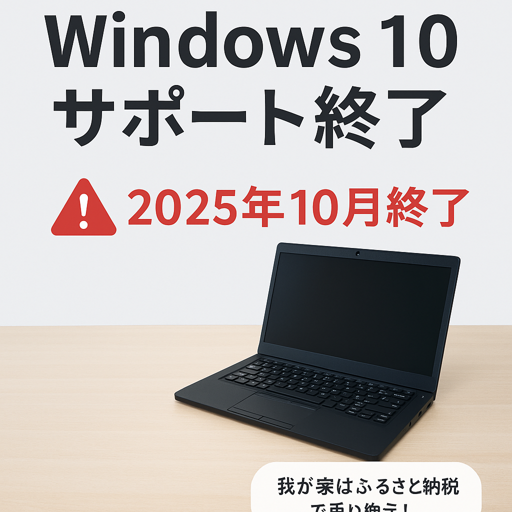 Windows10のサポート終了を知らせる画像。赤い警告マークとノートPC、2025年10月終了の文字入り