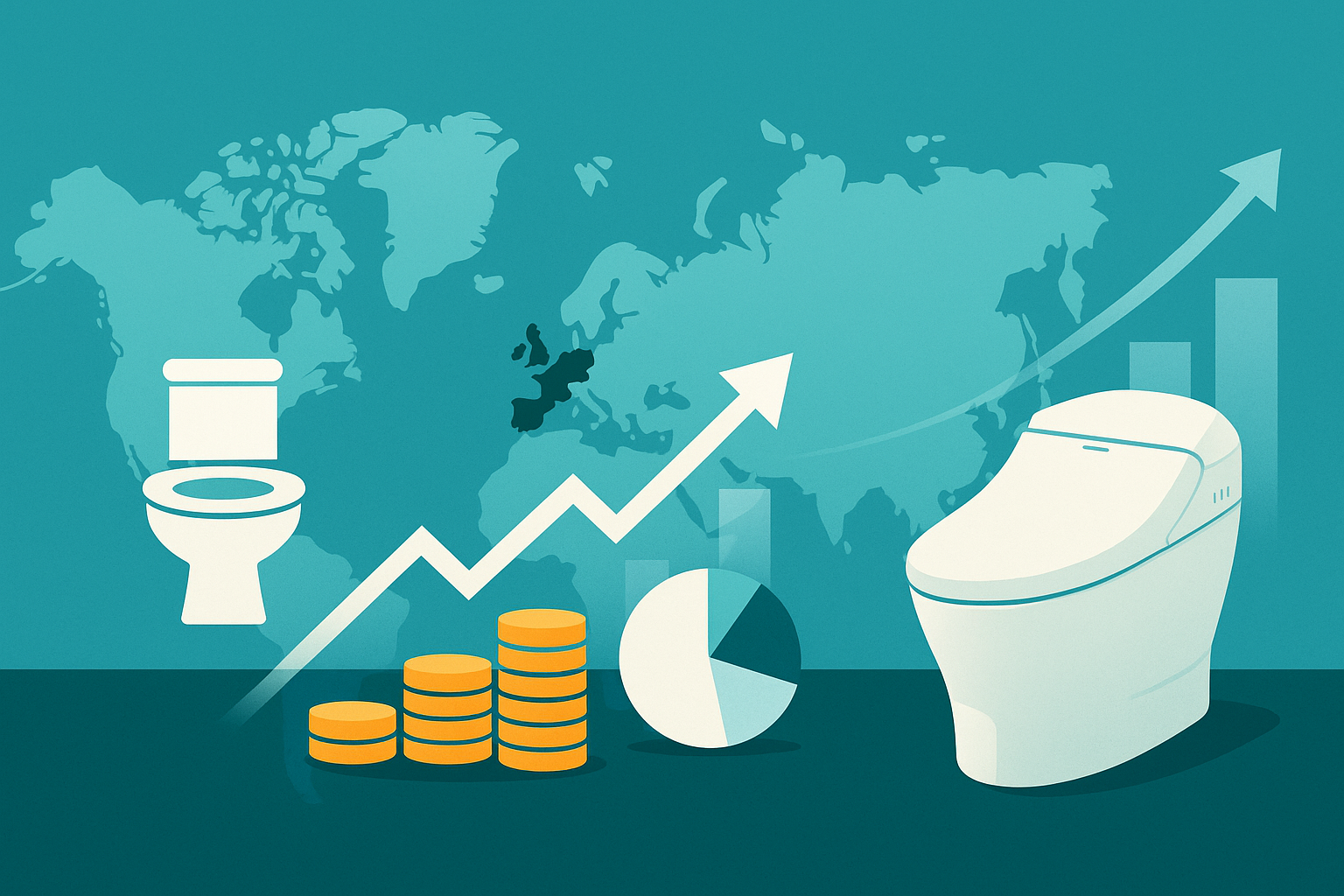 世界のトイレ市場を表すフラットデザインのインフォグラフィック。左に世界地図とトイレアイコン（ドイツ・イタリアを強調）、右に日本の最新スマートトイレ。背景に上向きの株価チャートライン。