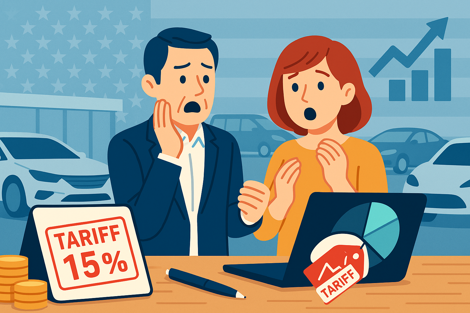 自動車ディーラーの店内で、値札に「TARIFF 15%」の赤いスタンプが押され、価格上昇に驚く40代夫婦。背景に米国旗の淡いオーバーレイと上向き矢印のグラフ。
