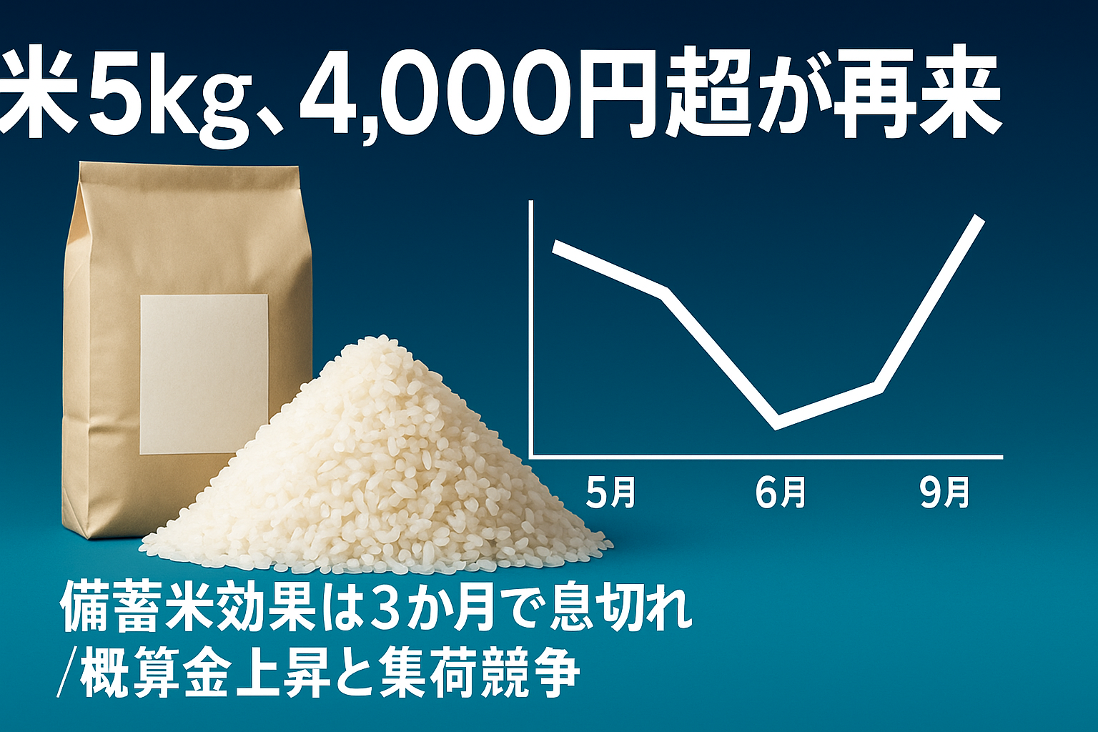 米価格の再上昇を示すサムネイル。濃紺グラデ背景に白米の山と無地の5kg米袋、右側に5→6→9月のV字折れ線グラフ、「米5kg、4,000円超が再来」の見出し付き