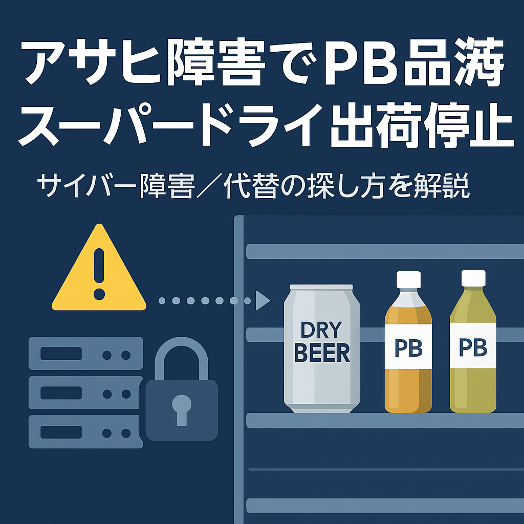 アサヒのシステム障害でPB飲料が品薄、スーパードライ出荷停止を示すイラスト（警告マーク・サーバー・空き棚の缶とPBボトル）