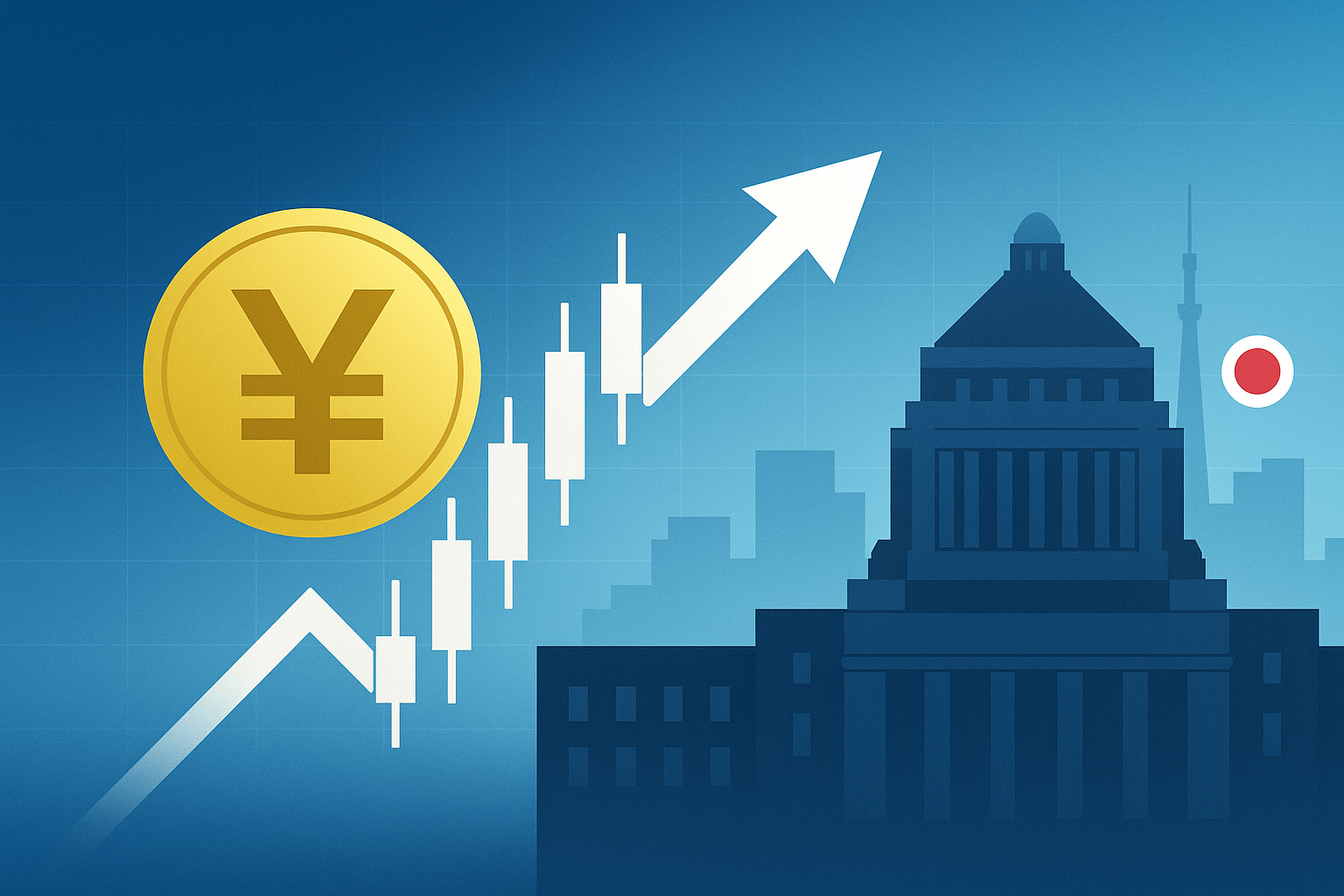 金色の円コインと上昇するローソク足・上向き矢印、右に国会議事堂と東京スカイツリー、日の丸を配した2025年の日本株アイキャッチ。