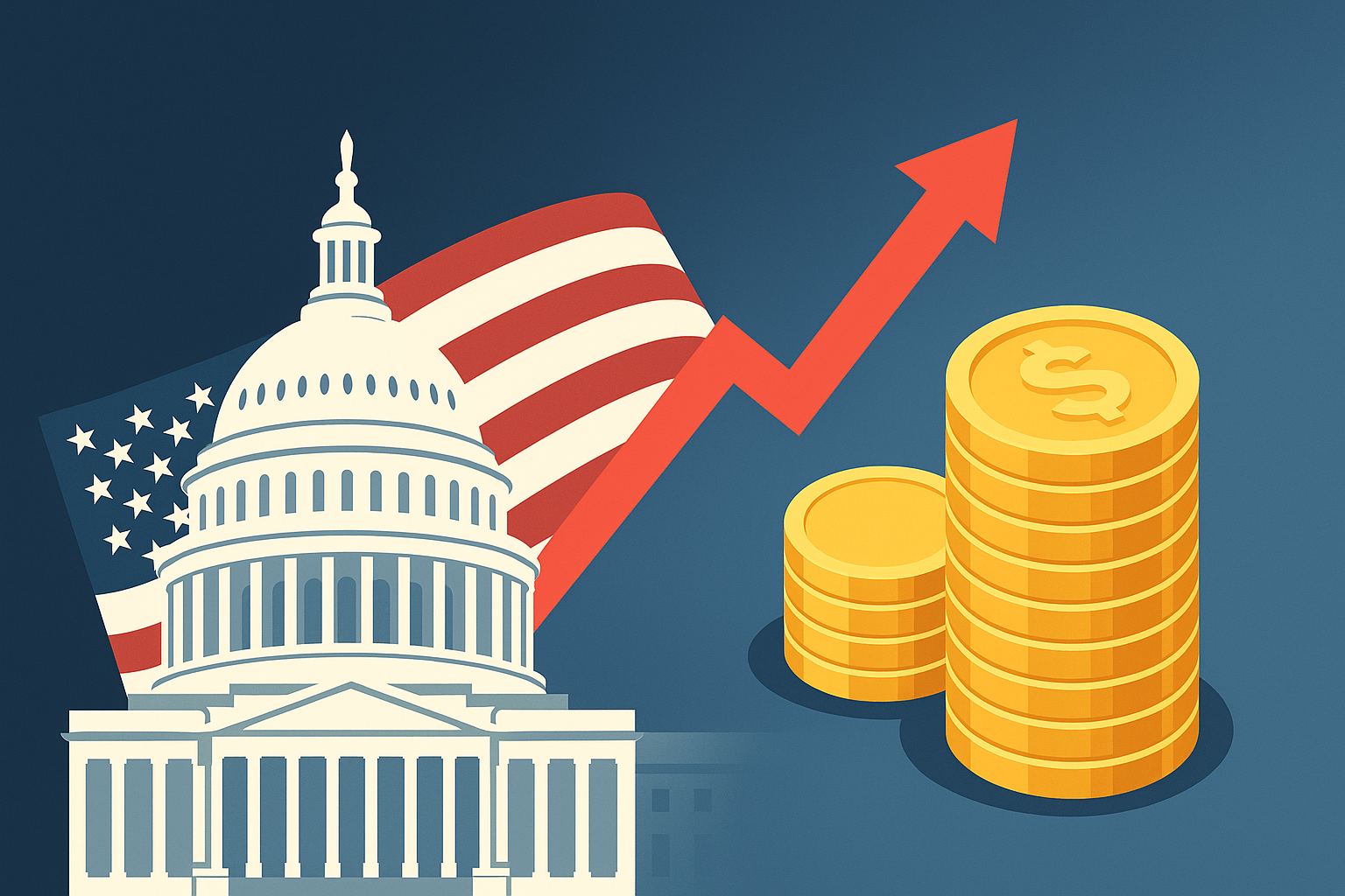 米国議会議事堂と星条旗の前に上向き矢印と金貨の山——米国の国債利払い1兆ドル超・関税収入増を象徴するイラスト