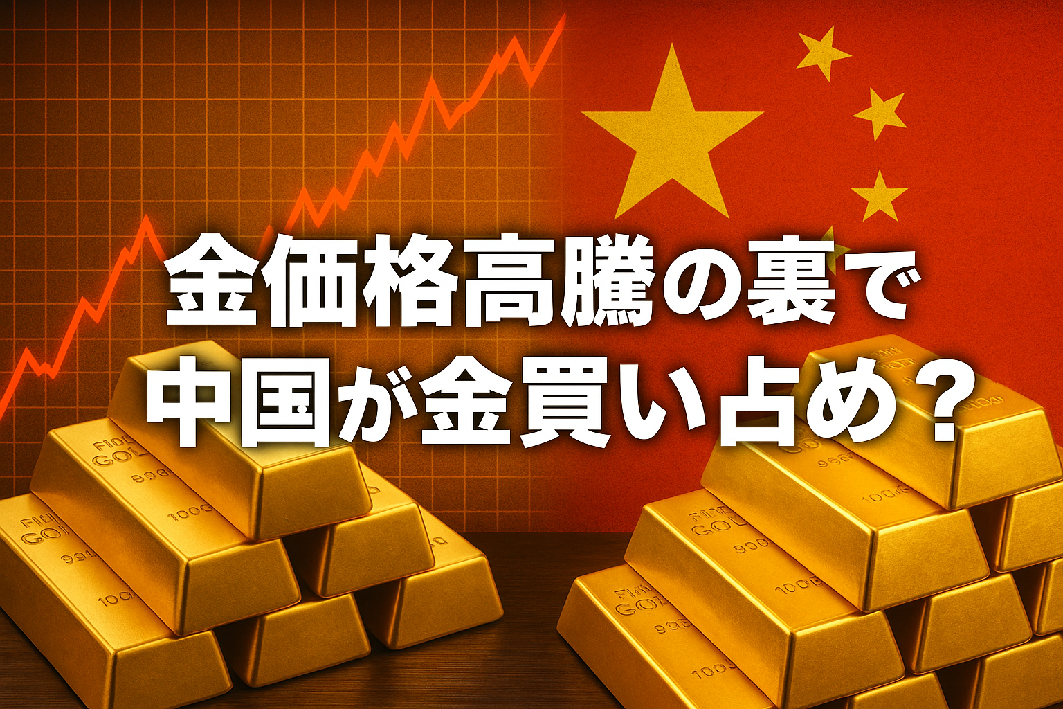 金価格高騰の裏で中国が金を買い占めているイメージ（中国国旗と金塊、上昇するチャート）