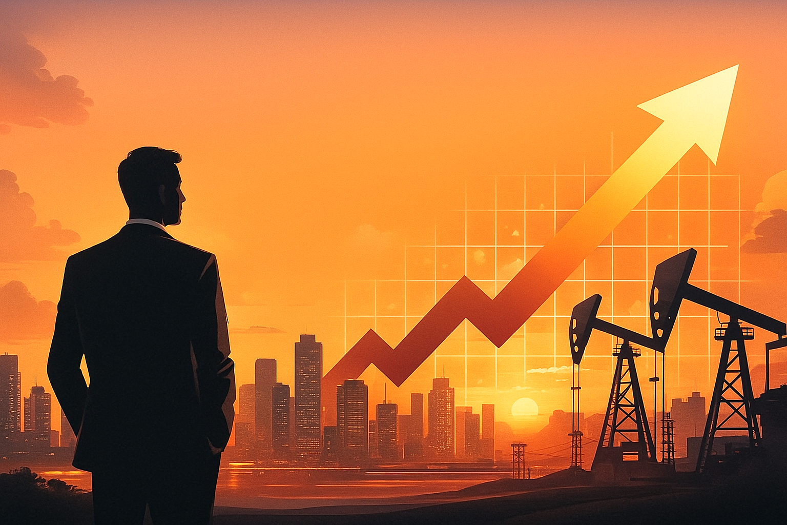 世界の石油需要が2040年まで増加する見通しをイメージした、夕焼け空の下で原油ポンプと上昇グラフを見つめるスーツ姿のビジネスマンのイラスト