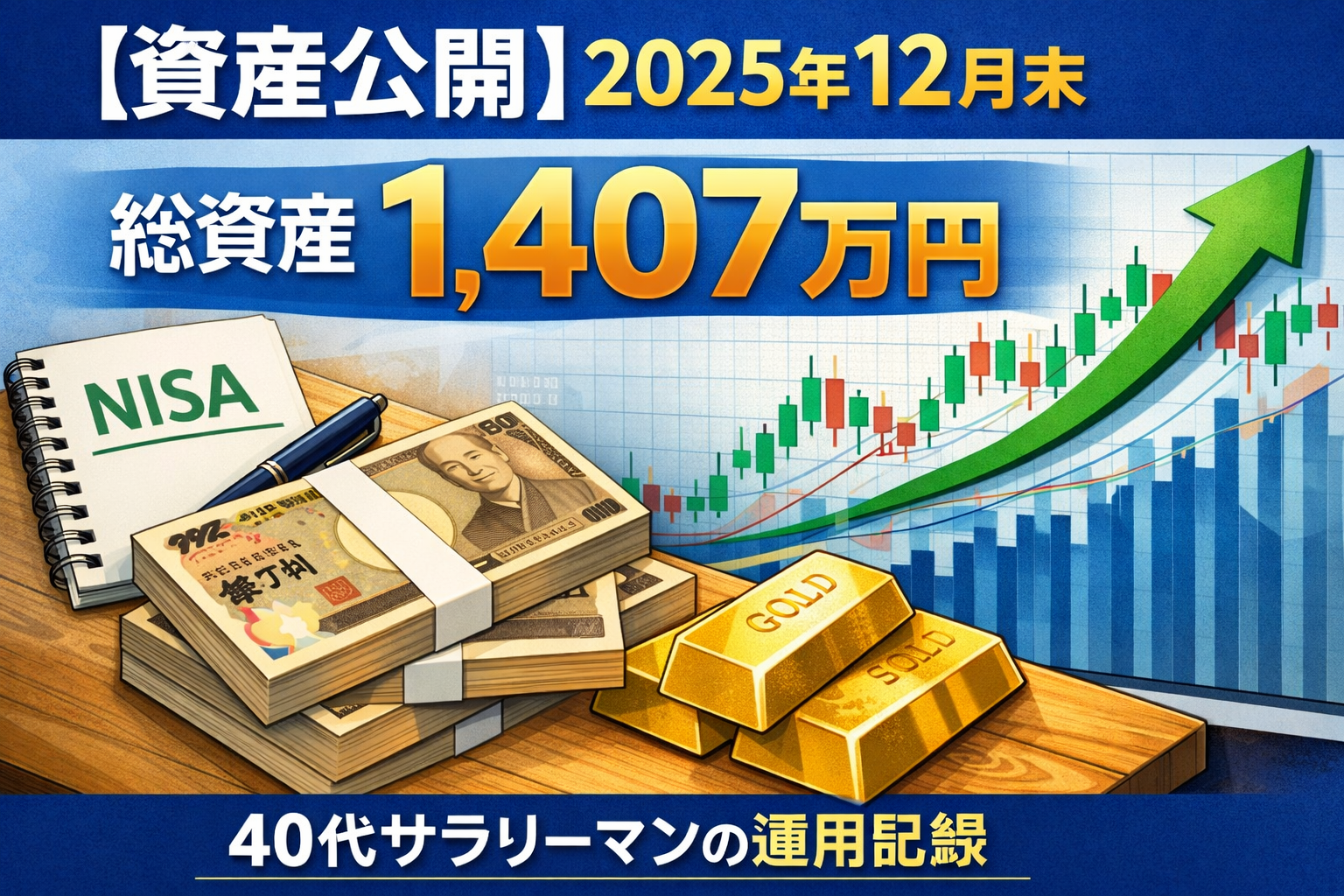 2025年12月末の資産公開アイキャッチ（総資産1,407万円）｜NISAノートと札束、金塊、上昇チャートのイラスト