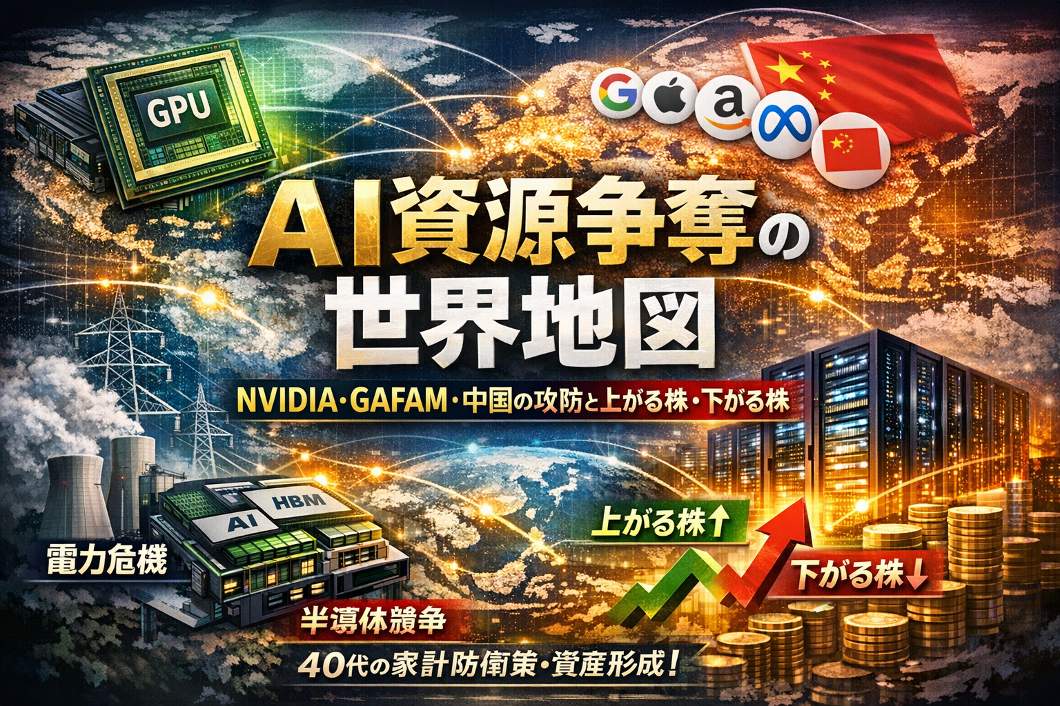 世界地図の上にGPU・データセンター・GAFAMロゴと中国旗を配置し「AI資源争奪の世界地図」と示したアイキャッチ