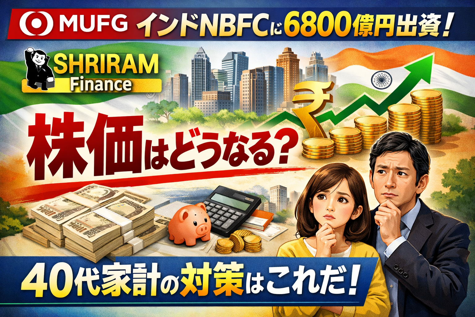 MUFGがインドNBFC（Shriram Finance）に6800億円出資、ルピーと上昇グラフ、悩む40代夫婦を描いたアイキャッチ画像