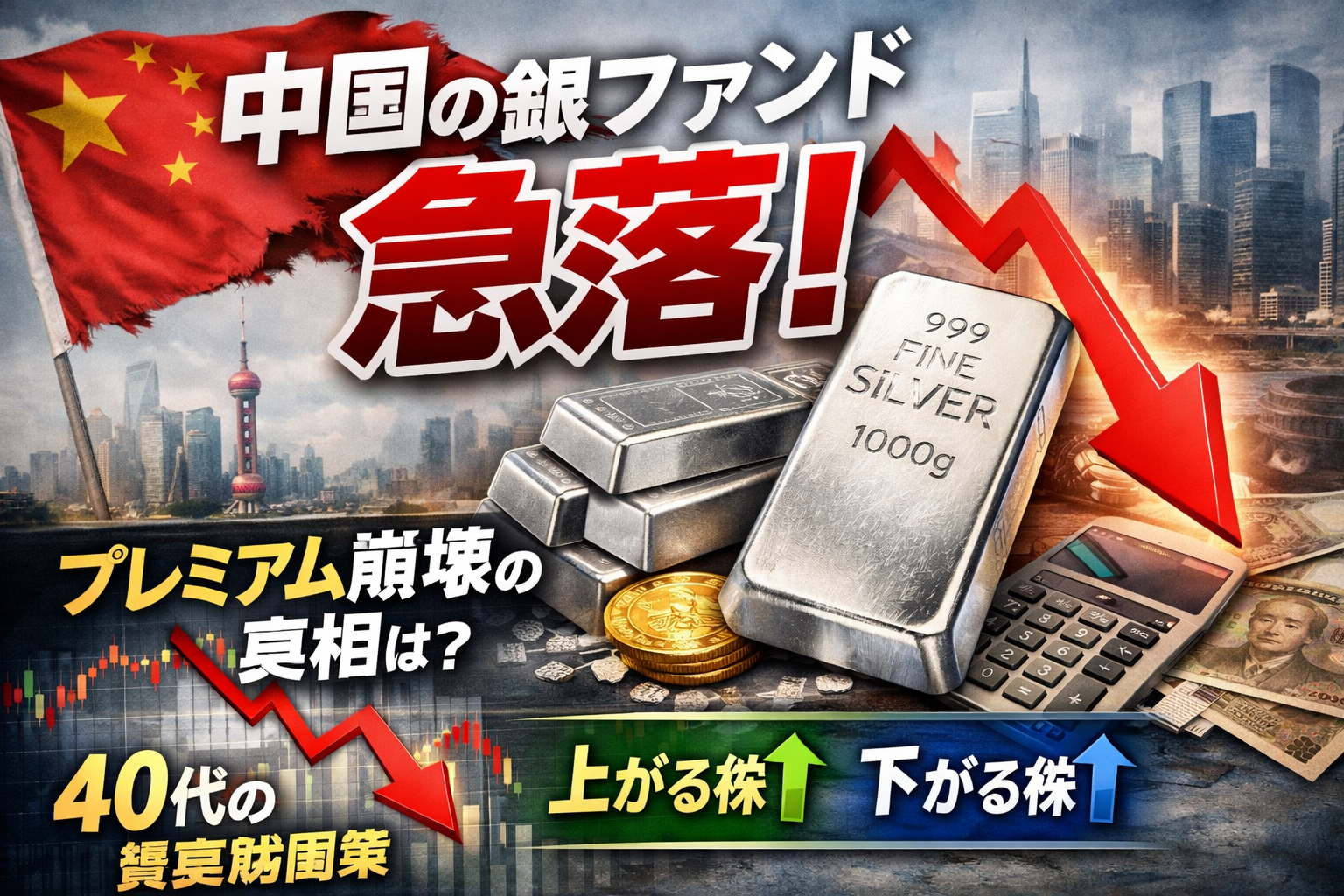 中国国旗と銀地金、急落を示す赤い下向き矢印・株価チャートを背景に「中国の銀ファンド 急落！」「プレミアム崩壊の真相は？」「40代の資産防衛策」「上がる株／下がる株」と書かれたアイキャッチ
