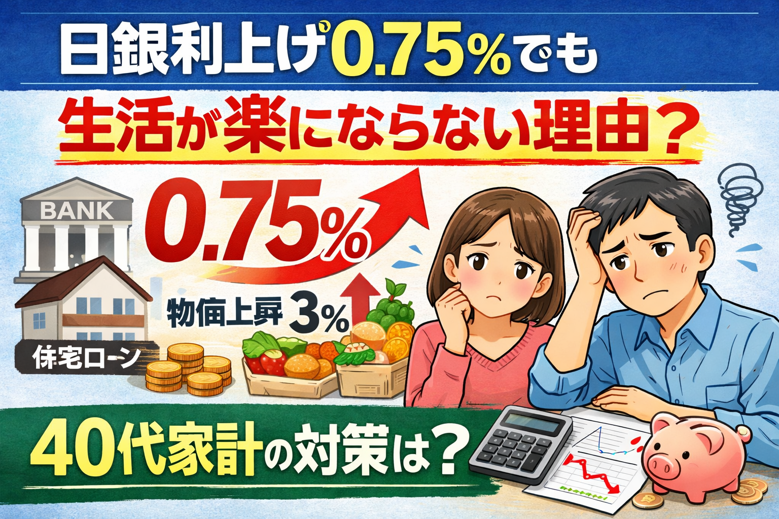 日銀利上げ0.75%と物価上昇3%を示し、住宅ローンや家計に悩む40代夫婦が描かれたイラスト
