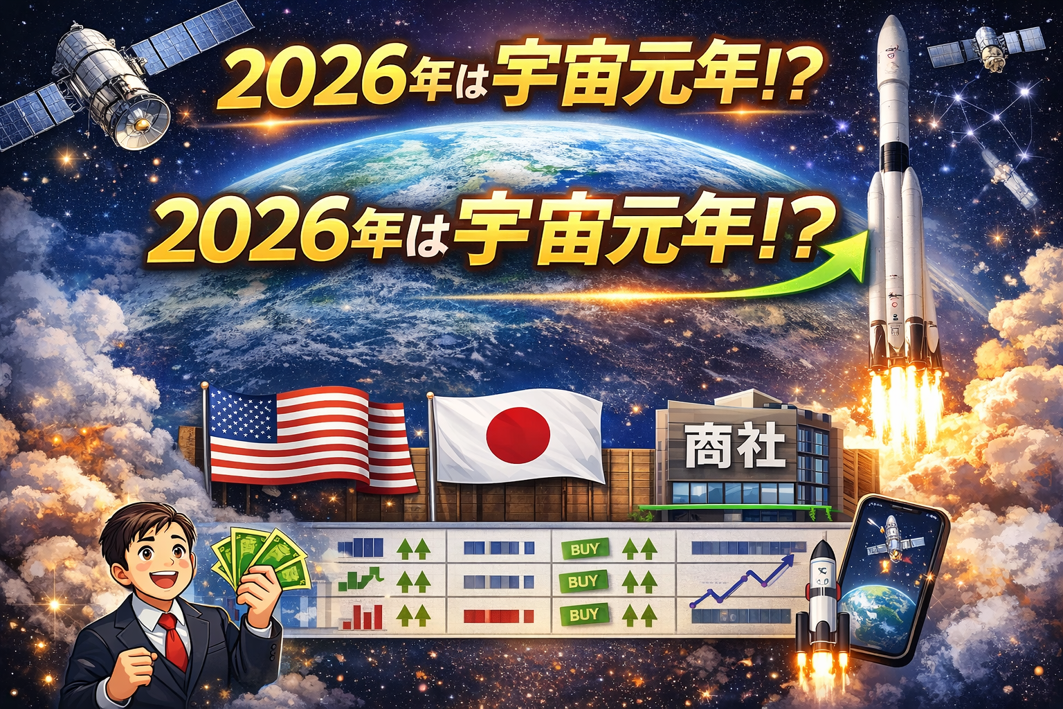 宇宙関連株の比較表をイメージしたロケットと株価チャートのアイキャッチ