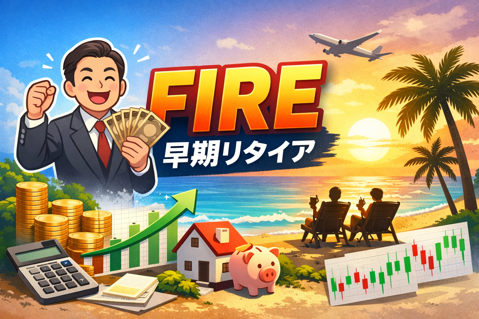 夕焼けのビーチを背景に「FIRE」「早期リタイア」の文字。スーツの男性が札束を持ち、コインの山・上昇グラフ・家・貯金箱・株価チャートが描かれたアイキャッチ。